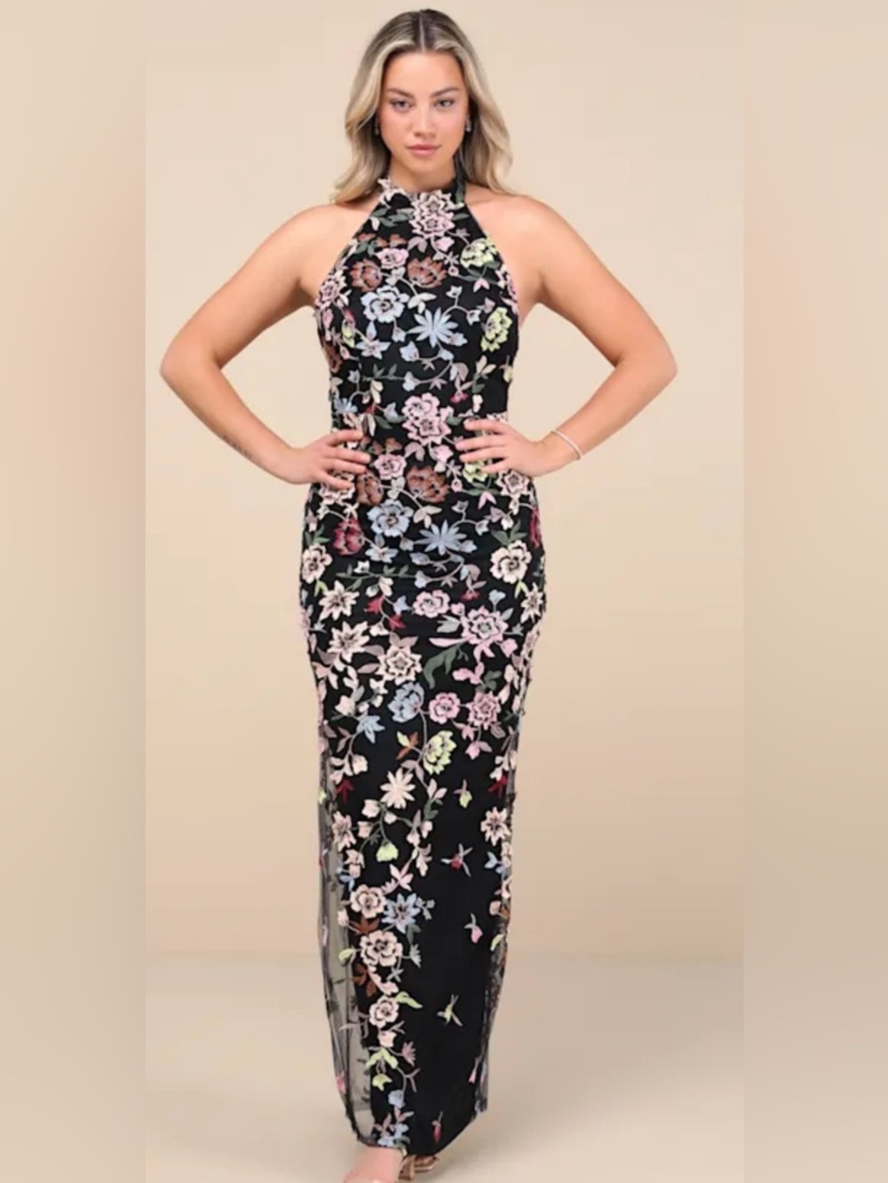 Lulu's Infinite Praise Black 3D Floral Embroidered Halter Maxi Dress NWT Size L - Picture 5 of 9